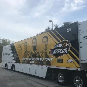 Yellow and White Semi Trailer with Nascar Drivers and Sponsor Logos