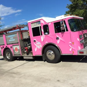 Pink wrap on Fire truck for cancer awareness
